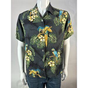 Guy Harvey By Aftco Bluewater Parrot Floral Silk Hawaiian Shirt M